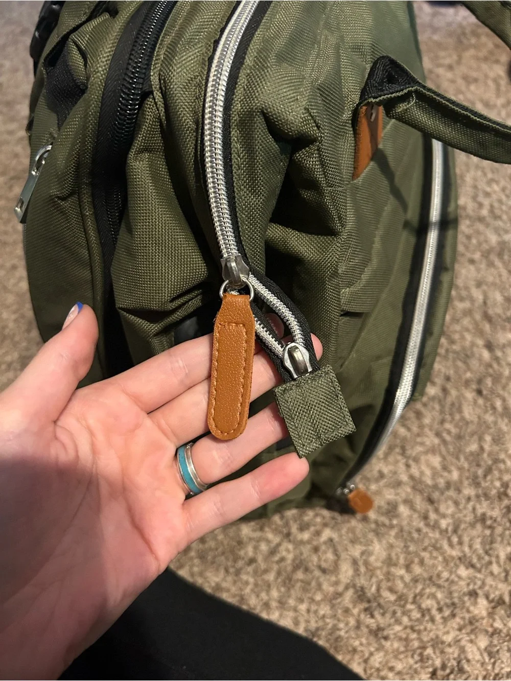 Amazon Olive Green Baby Diaper Backpack with Tan Accents